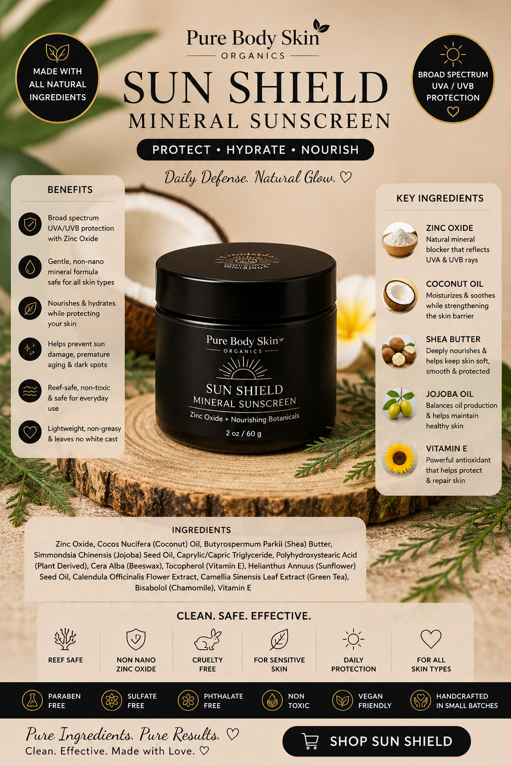 Sun Shield  - Zinc Oxide & Wheat Organic Sun Shield Face Sunscreen | Zinc Oxide SPF | Pure Body English
