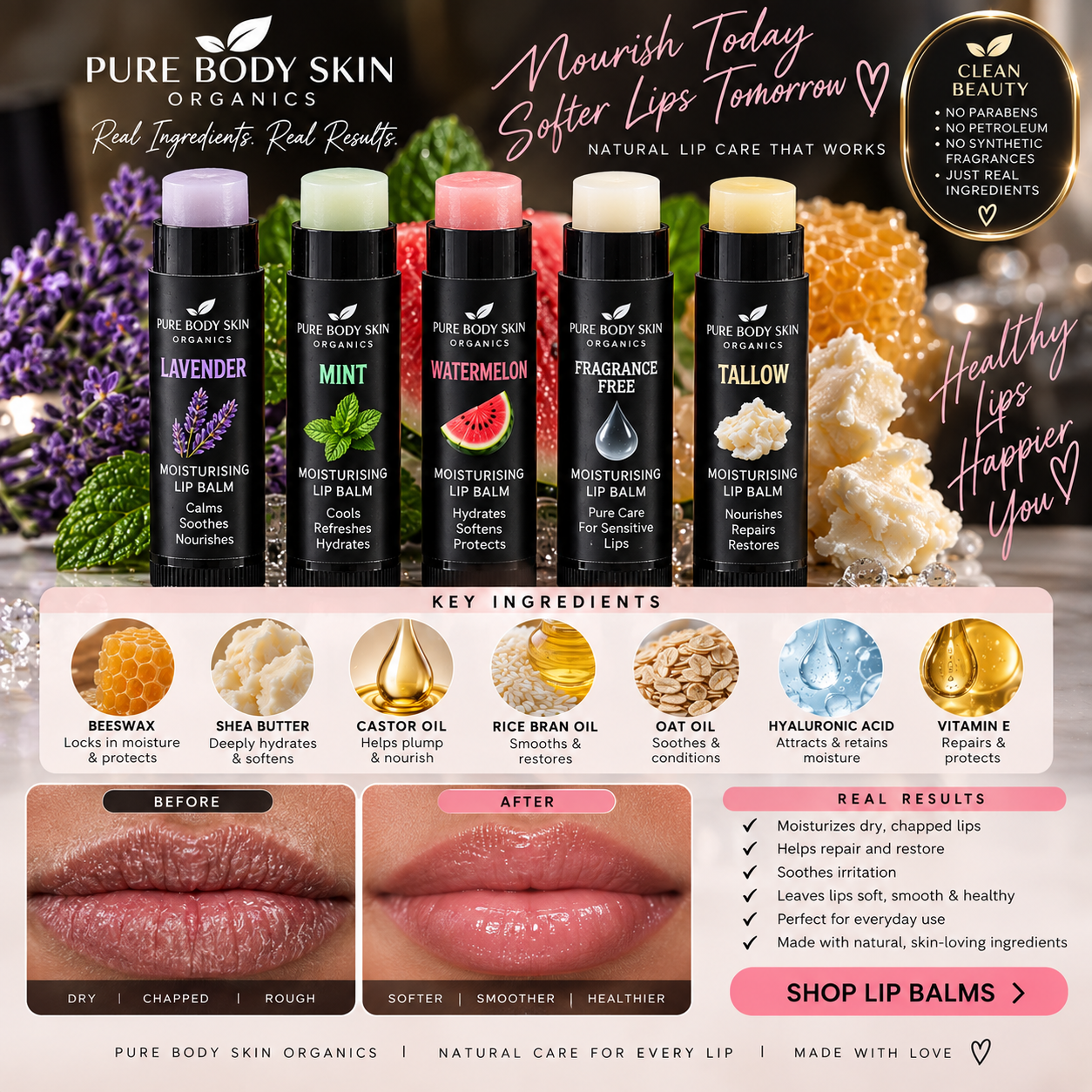 Pure Body Skin moisturizing lip balm for dry lips