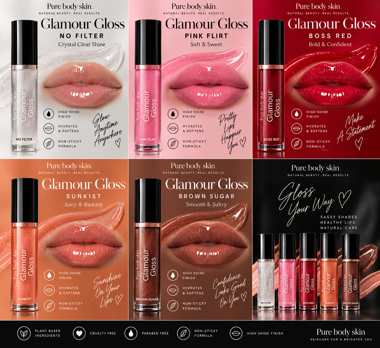 
                  
                    Pure Body Skin Glamour Gloss collection with No Filter, Pink Flirt, Boss Red, Sunkist and Brown Sugar
                  
                