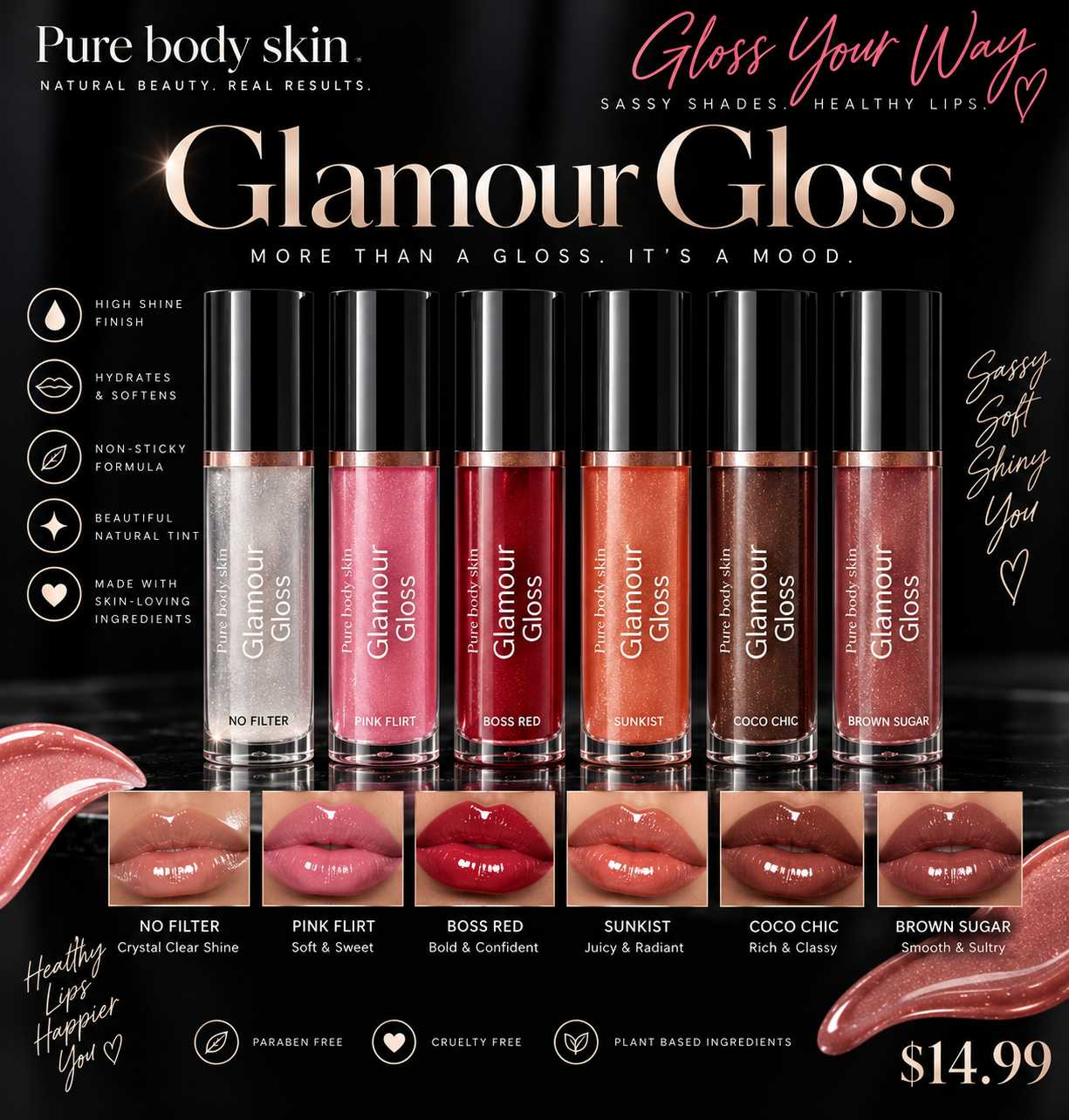 Pure Body Skin Glamour Gloss shade collection in clear, pink, red, Sunkist and brown