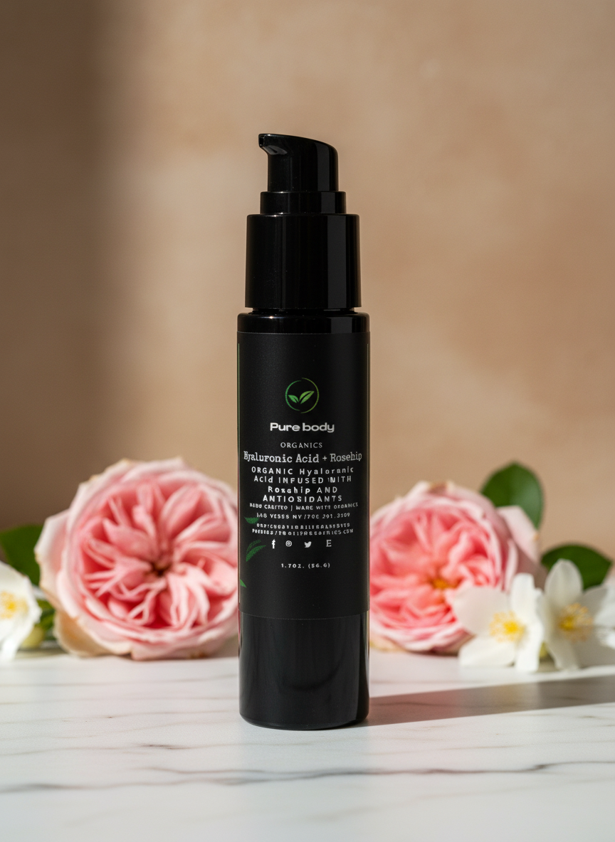 Hyaluronic Acid + Rosehip Lotion in Black Glass Bottle