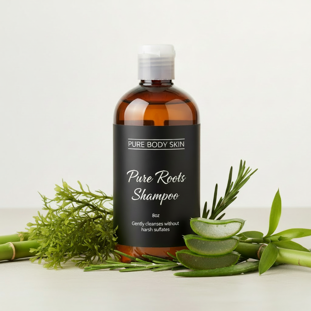 Pure Roots Shampoo 8oz with tagline