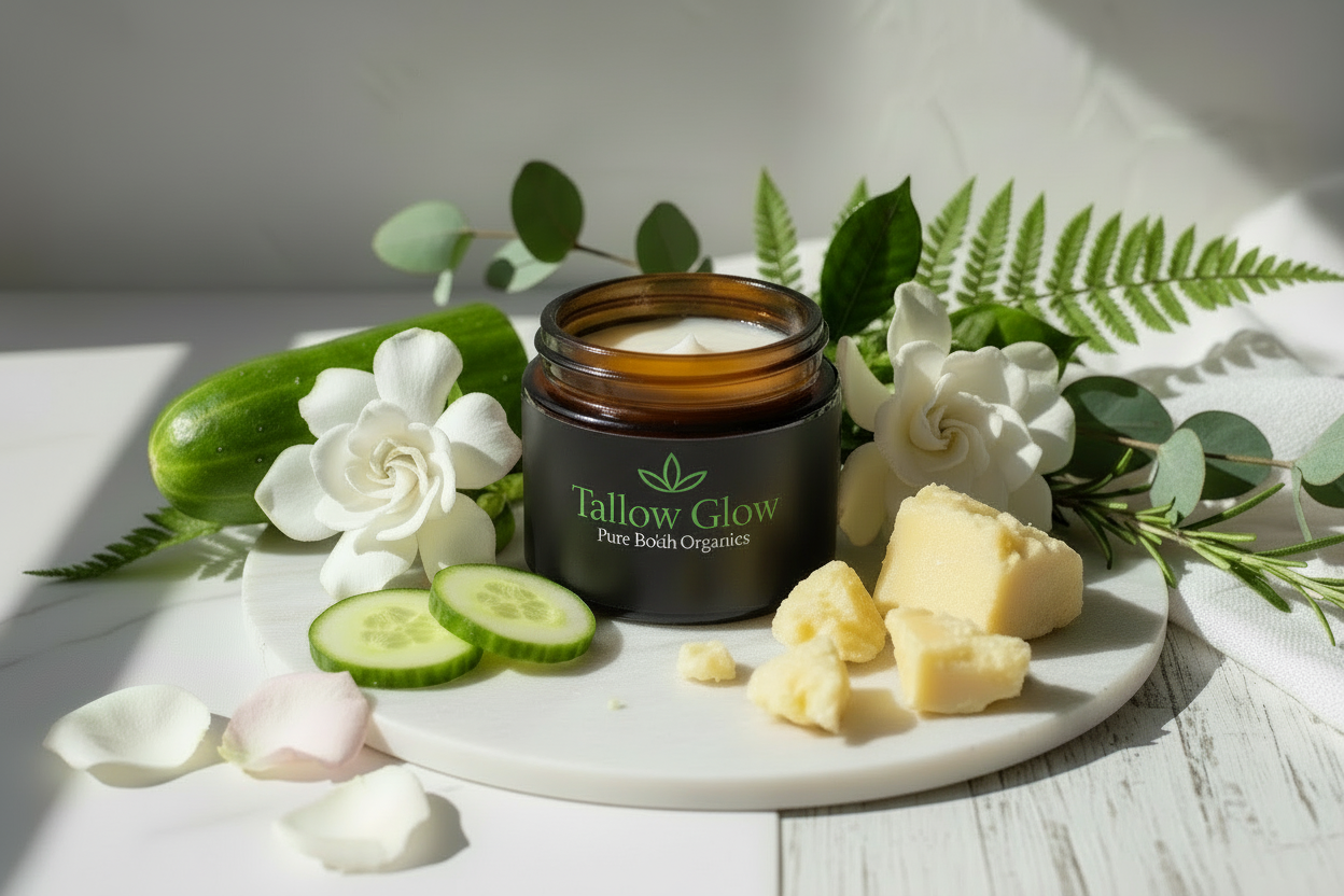 Tallow Glow with black label and green text