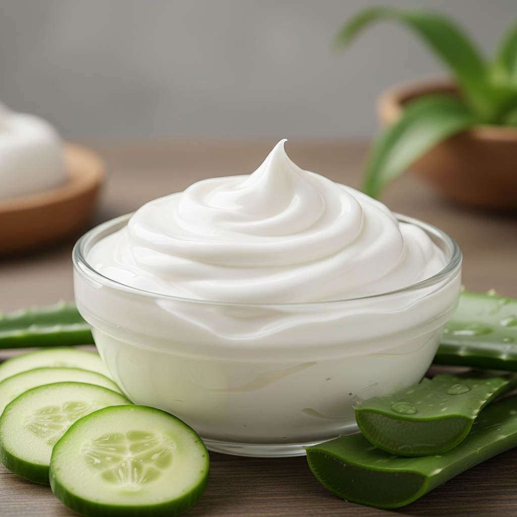 White cream in clear glass bowl with cucumber and aloe