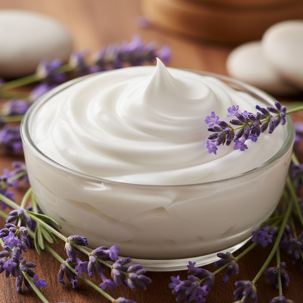 White cream in clear glass bowl with lavender